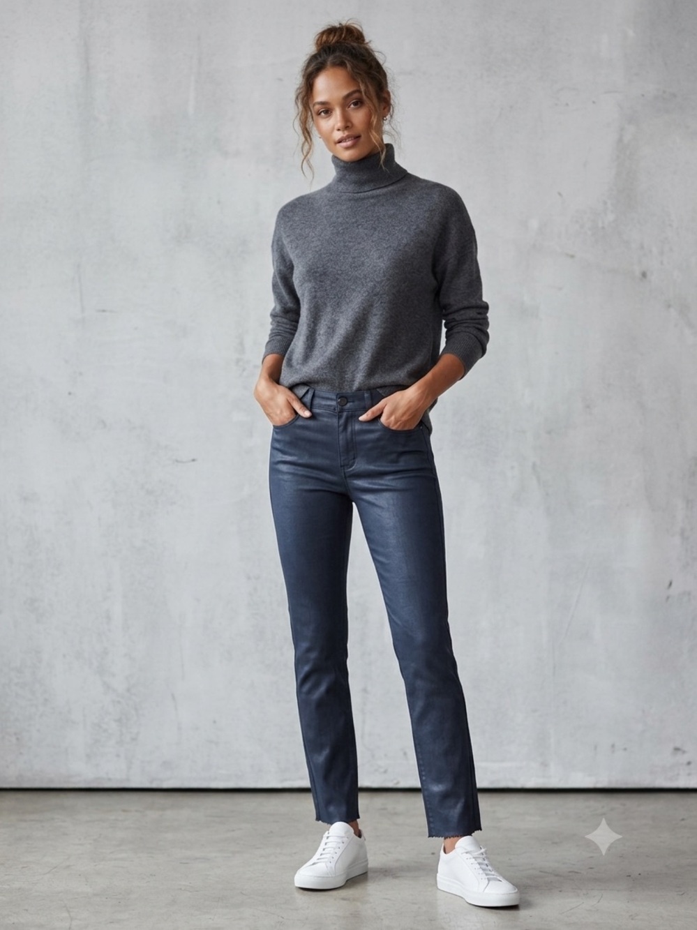 PAIGE Navy Coated Straight-Leg Jeans w/ Raw Scalloped Hem
